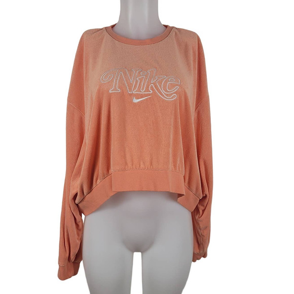 Nike Tops - Nike OrangeBrushed Fleece Long Sleeve Spell out Crop Sweatshirt XL